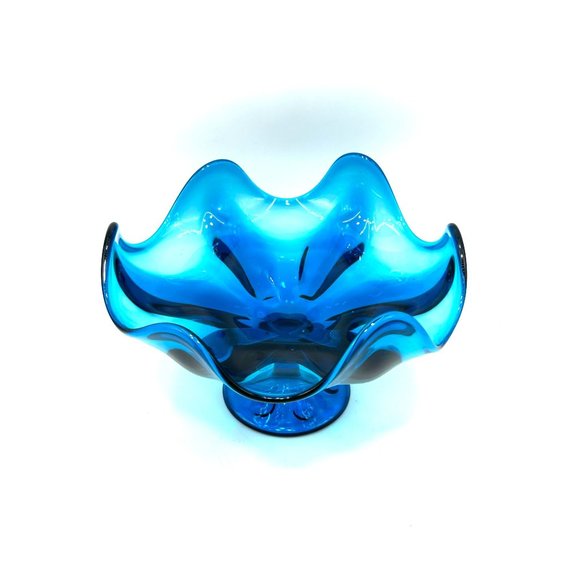 Vintage Bright Blue Compote Dish MCM Viking Art Glass Pedestal Bowl Dish 6 Point - Picture 4 of 10